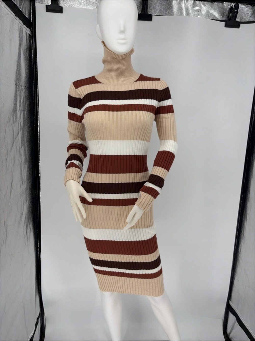 Almost Famous Striped Ribbed Turtleneck Dress in Beige, Brown & White